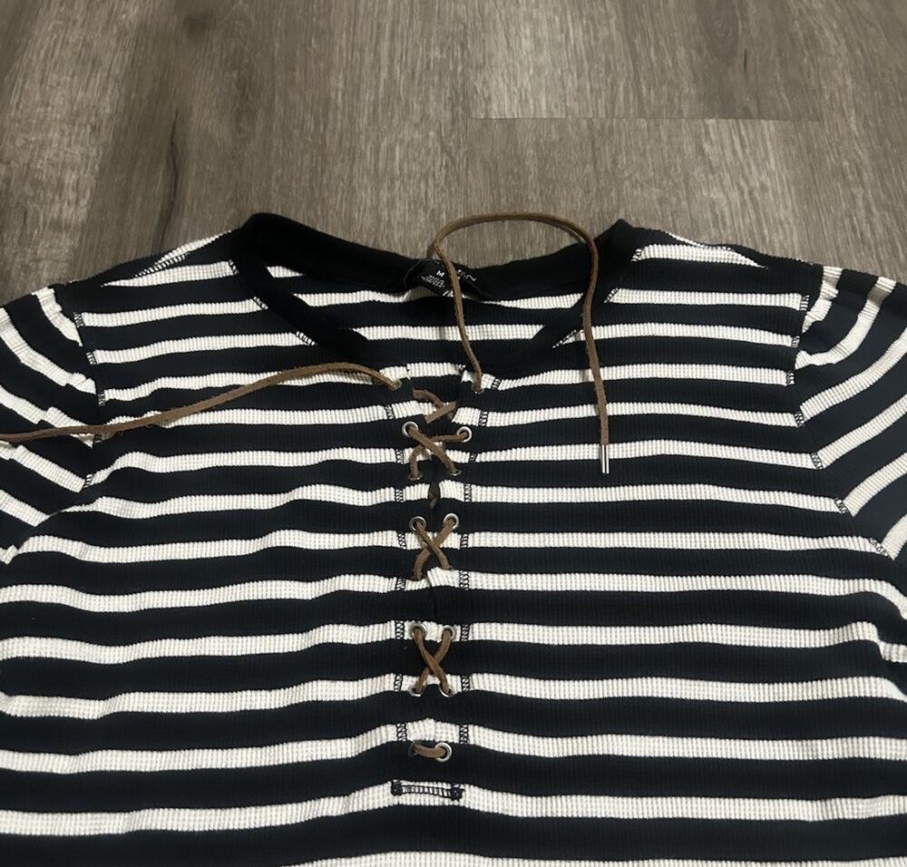 Lauren Ralph Lauren Lace Up Waffle Henley Black White Thermal Size M